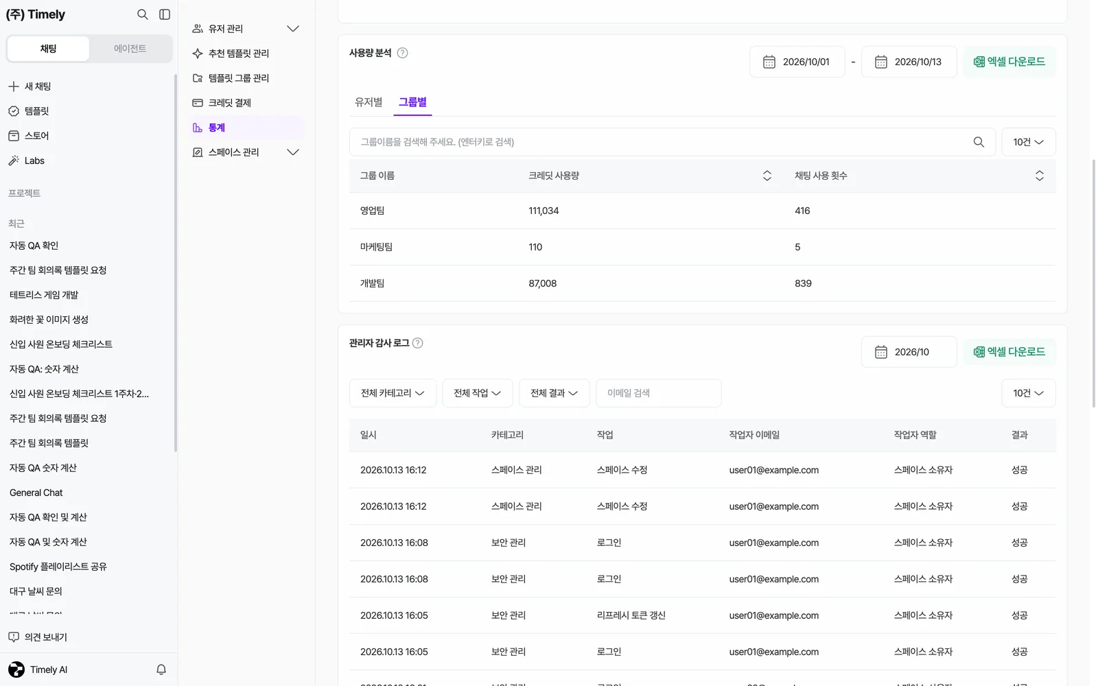 관리자 감사 로그 — 월 선택, 카테고리·작업·결과 필터, 이메일 검색, 일시·카테고리·작업·작업자·역할·결과